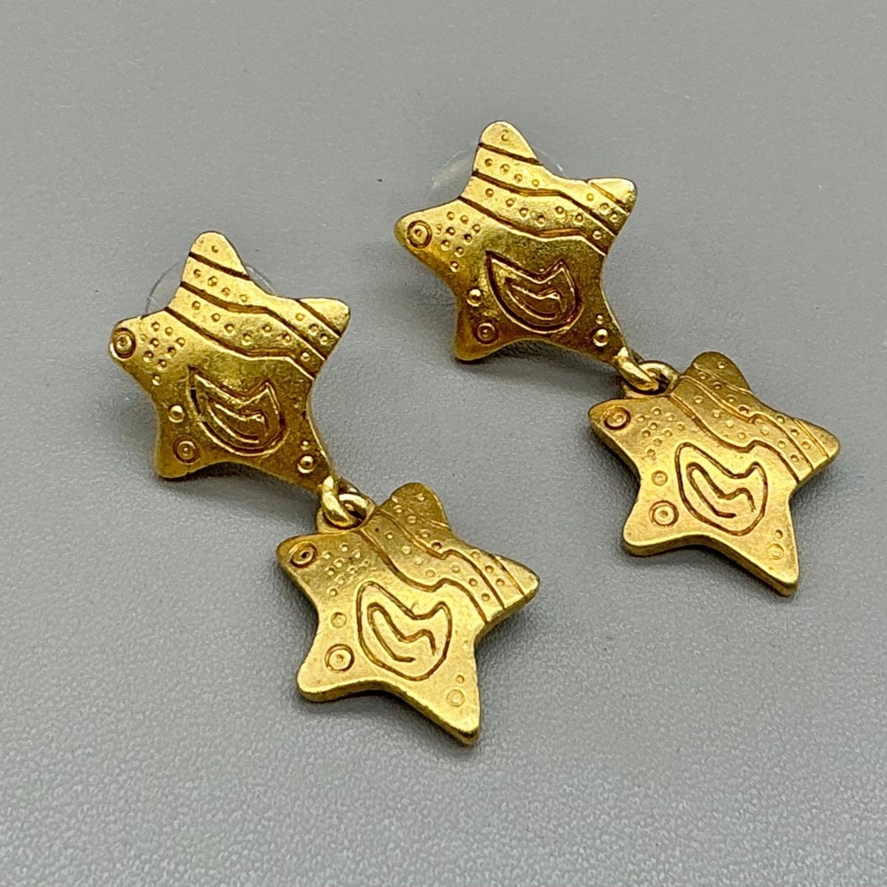 Venue USA Earrings Gold Tone Double Star Dangle Celestial Pierced Statement 1.5"